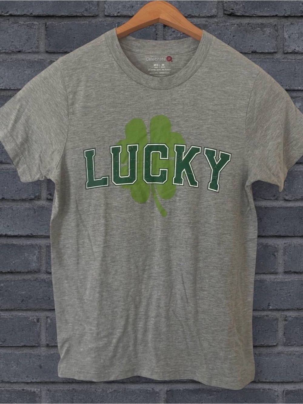 Celebrate It Men’s Gray 'Lucky' Graphic T-Shirt with Green Clover Medium